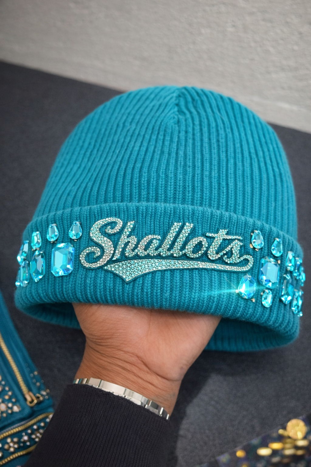 House of Shallots Society Collection – Turquoise Premium Rhinestone Jacket & Beanie Set