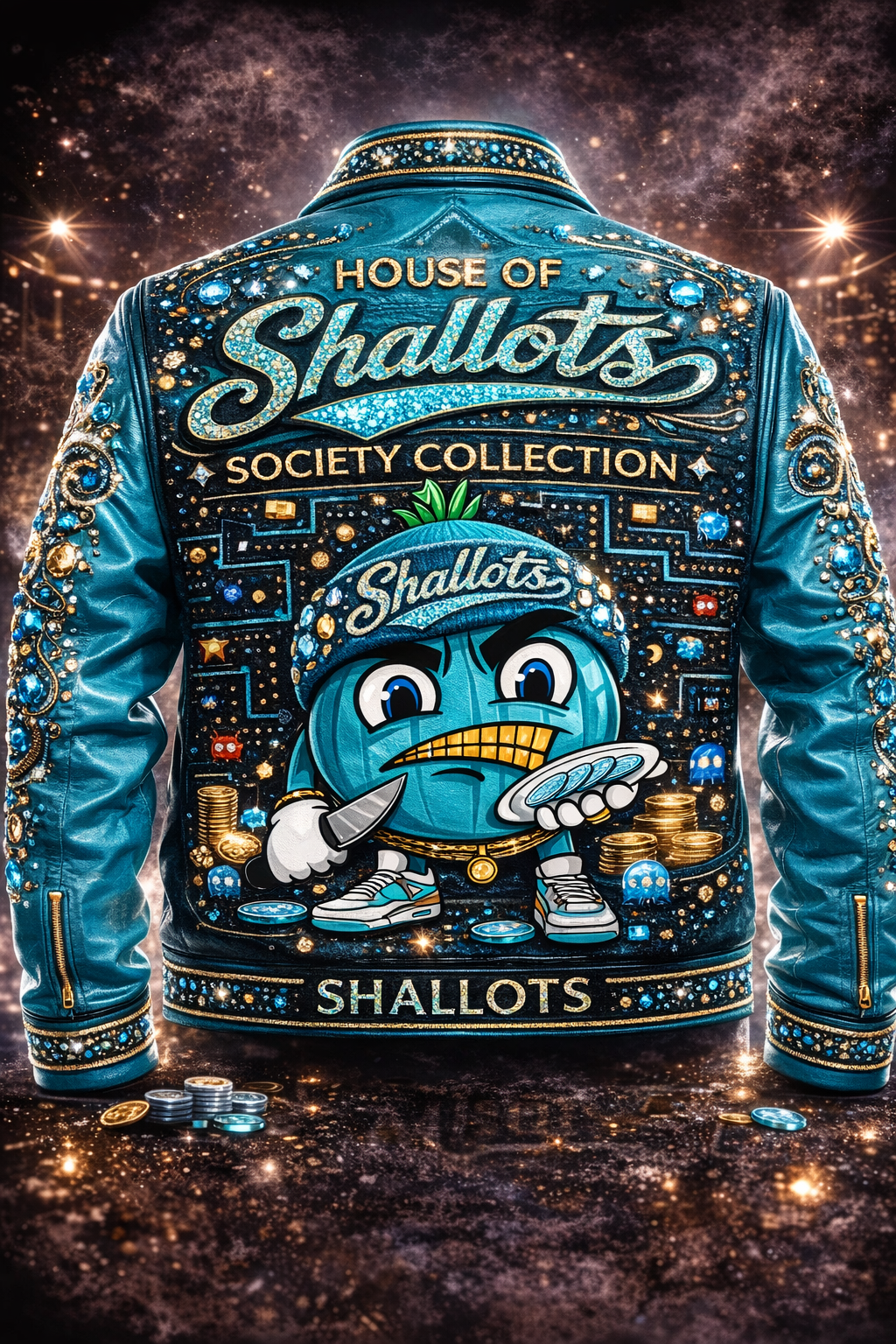 House of Shallots Society Collection – Turquoise Premium Rhinestone Jacket & Beanie Set
